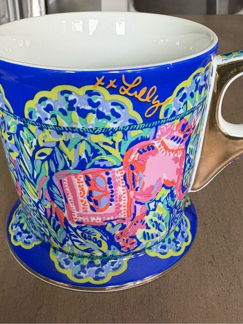 Lilly Pulitzer Blue Pink Elephant Print Tropical Ceramic Mug with Gold Handle